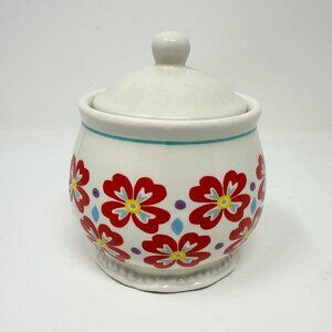 Pioneer Woman Sugar Bowl w/ Lid Flea Market Floral Design Red Flowers Cute!